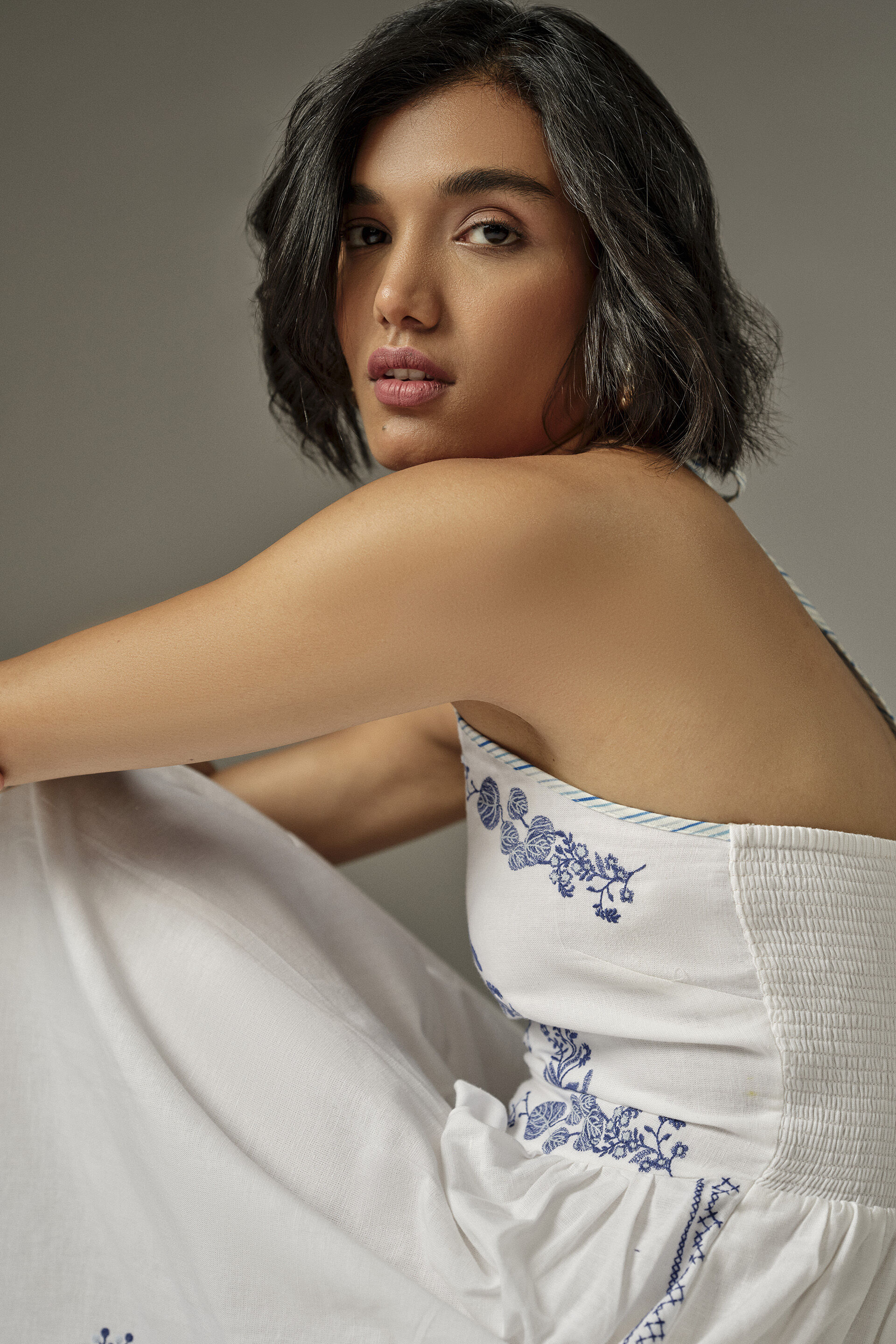 Halter Neckline Embroidered Midi Dress in White, White, image 5